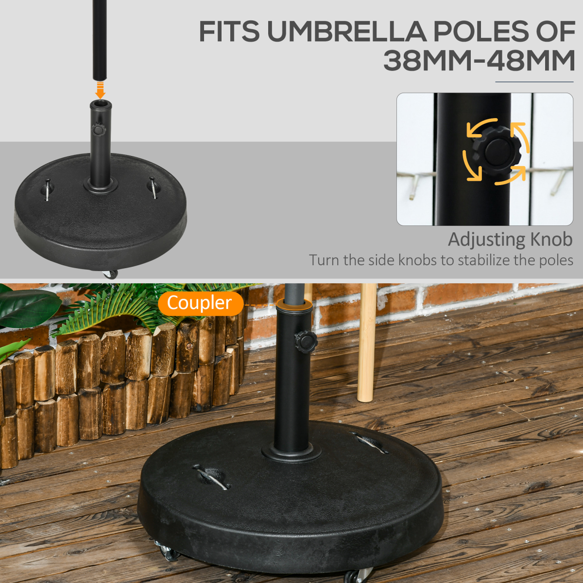 Outsunny 23.5kg Round Resin Parasol Base with Wheels for 38-48mm Poles