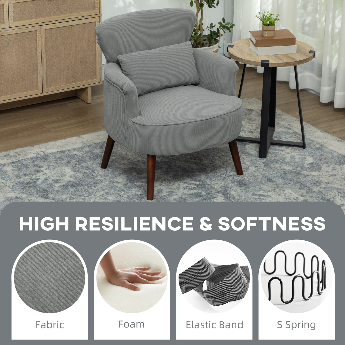 HOMCOM Wingback Corduroy Armchair with Padded Seat, Light Grey