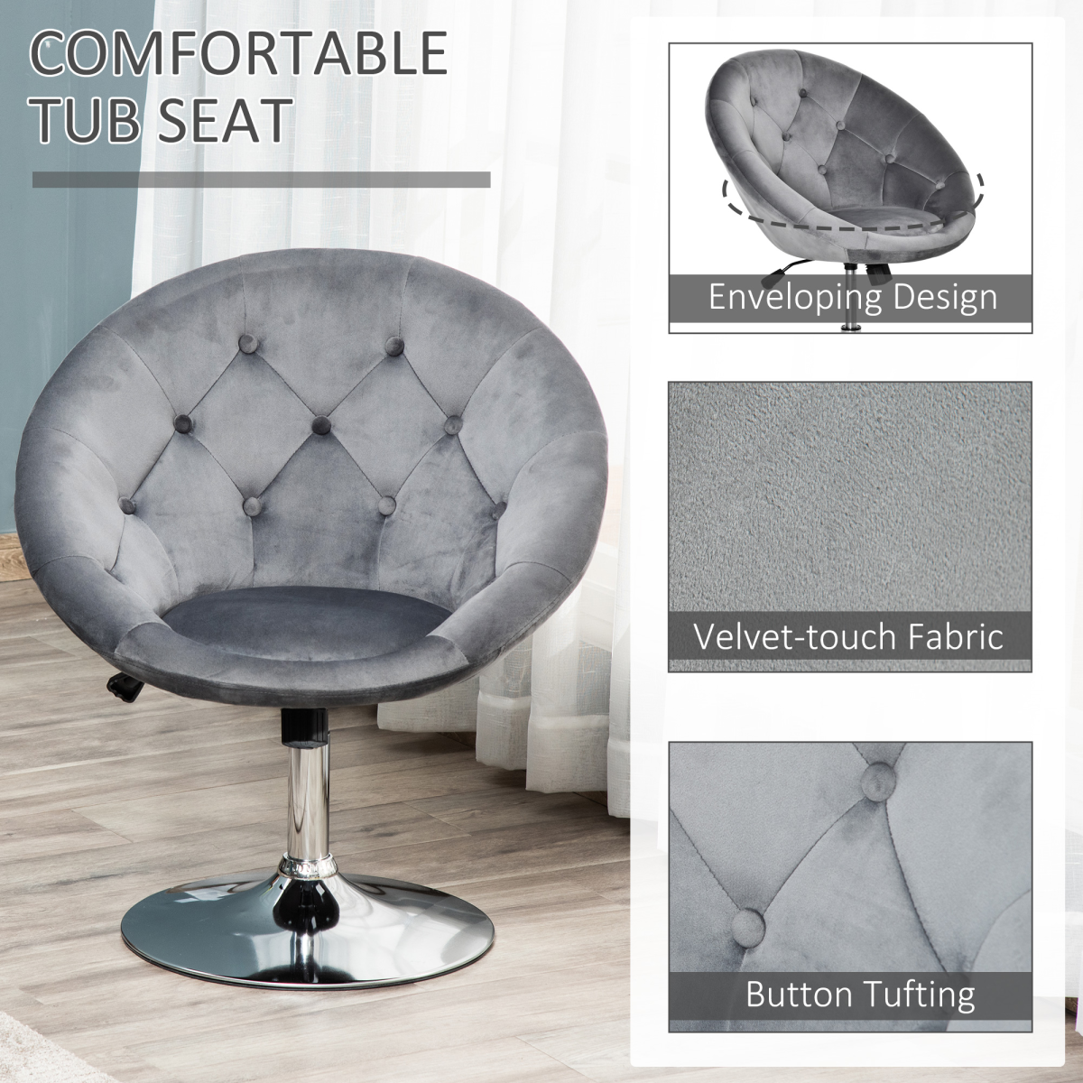 Adjustable Swivel Dining Height Bar Stool with Tufted Back, Grey