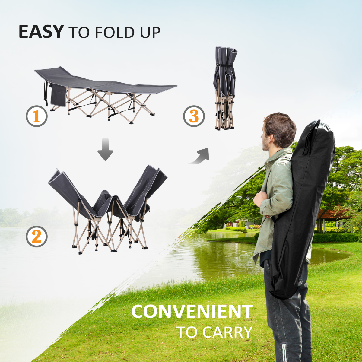 Outsunny Portable Outdoor Camping Cot with Steel Frame and Travel Bag, Grey and Beige