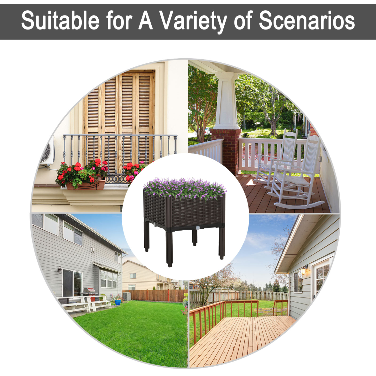 Outsunny Raised Outdoor Garden Planter Box Brown Rattan-Effect Plastic Self-Watering Disk