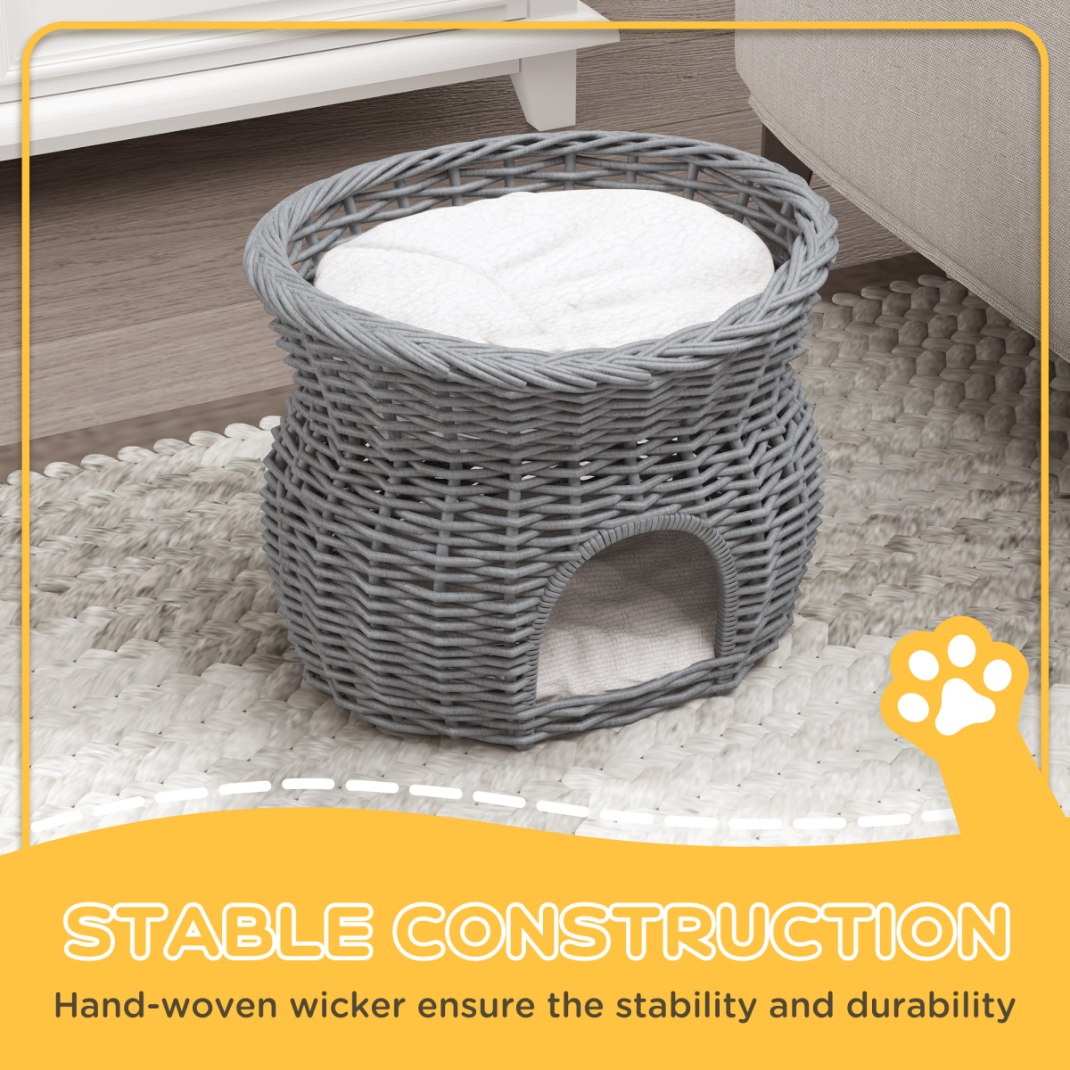 PawHut 2-Tier Elevated Willow Pet Cushion Bed with Washable Cushions, Grey