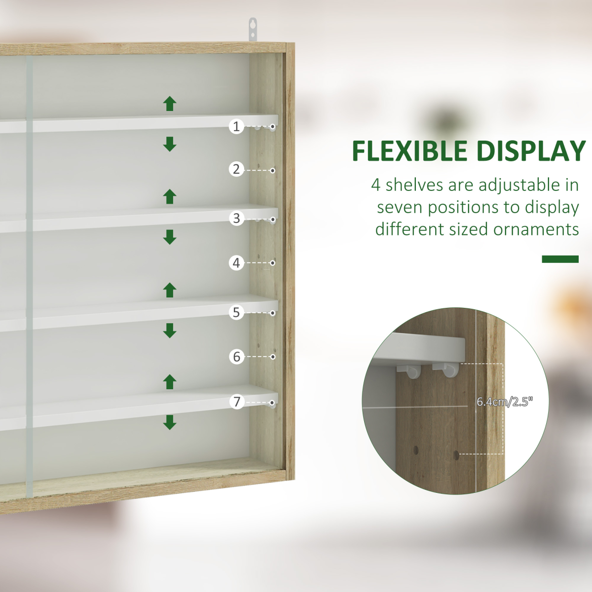 HOMCOM 5-Tier Wall Display Cabinet with Glass Doors, Natural/White