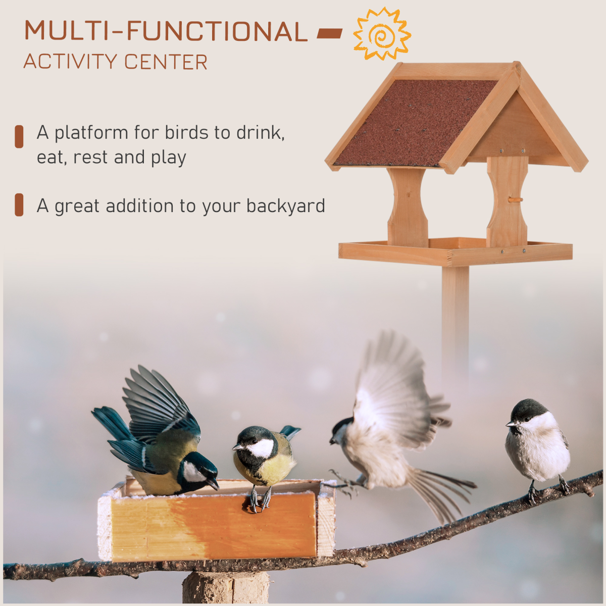 Pawhut Wooden Freestanding Bird Feeder Platform with Cross-Shaped Support Feet, Sturdy Fir Wood Frame, Non-Toxic Painted Finish, Sloped Asphalt Top
