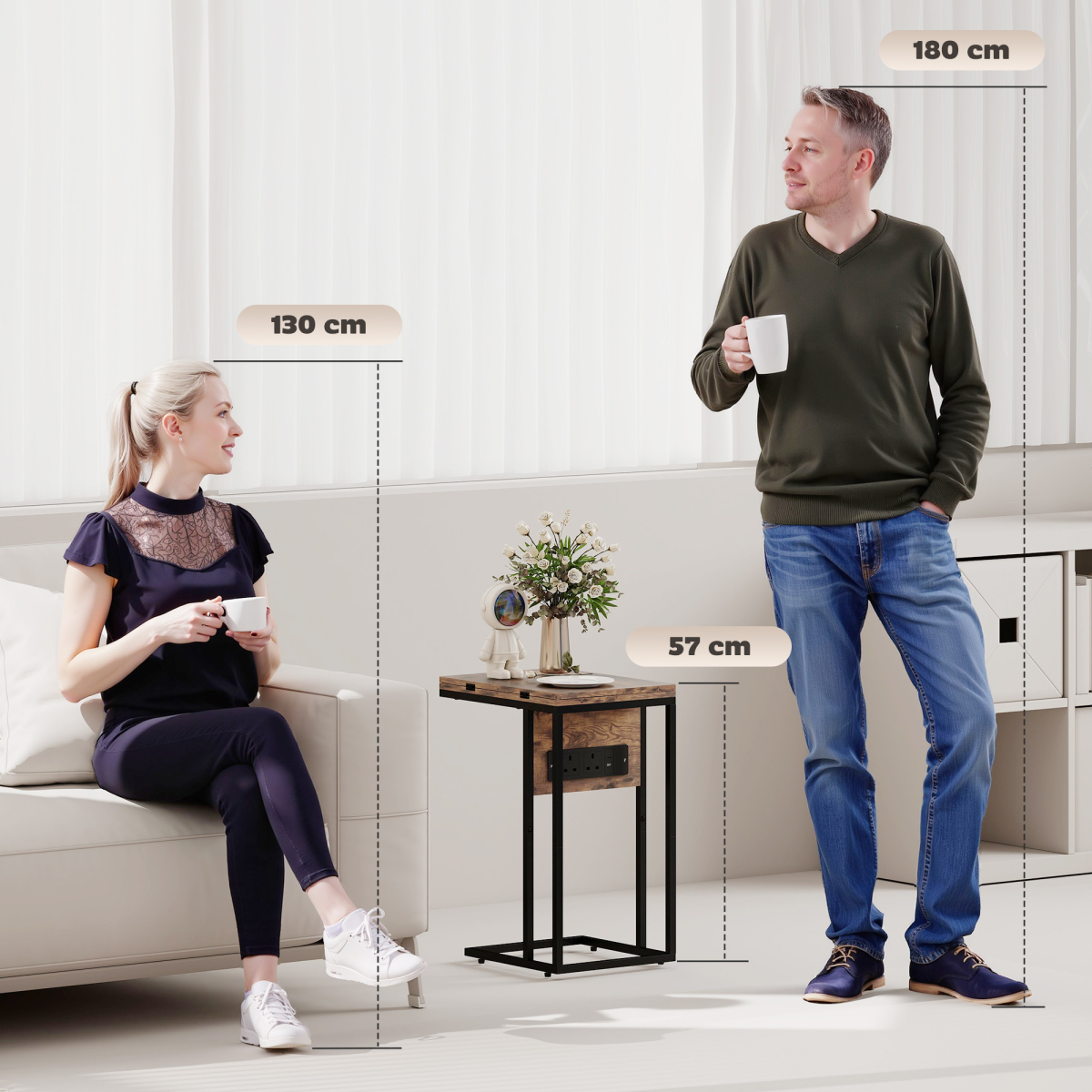HOMCOM C-Shaped Side Table with Charging Station, Foldable Top