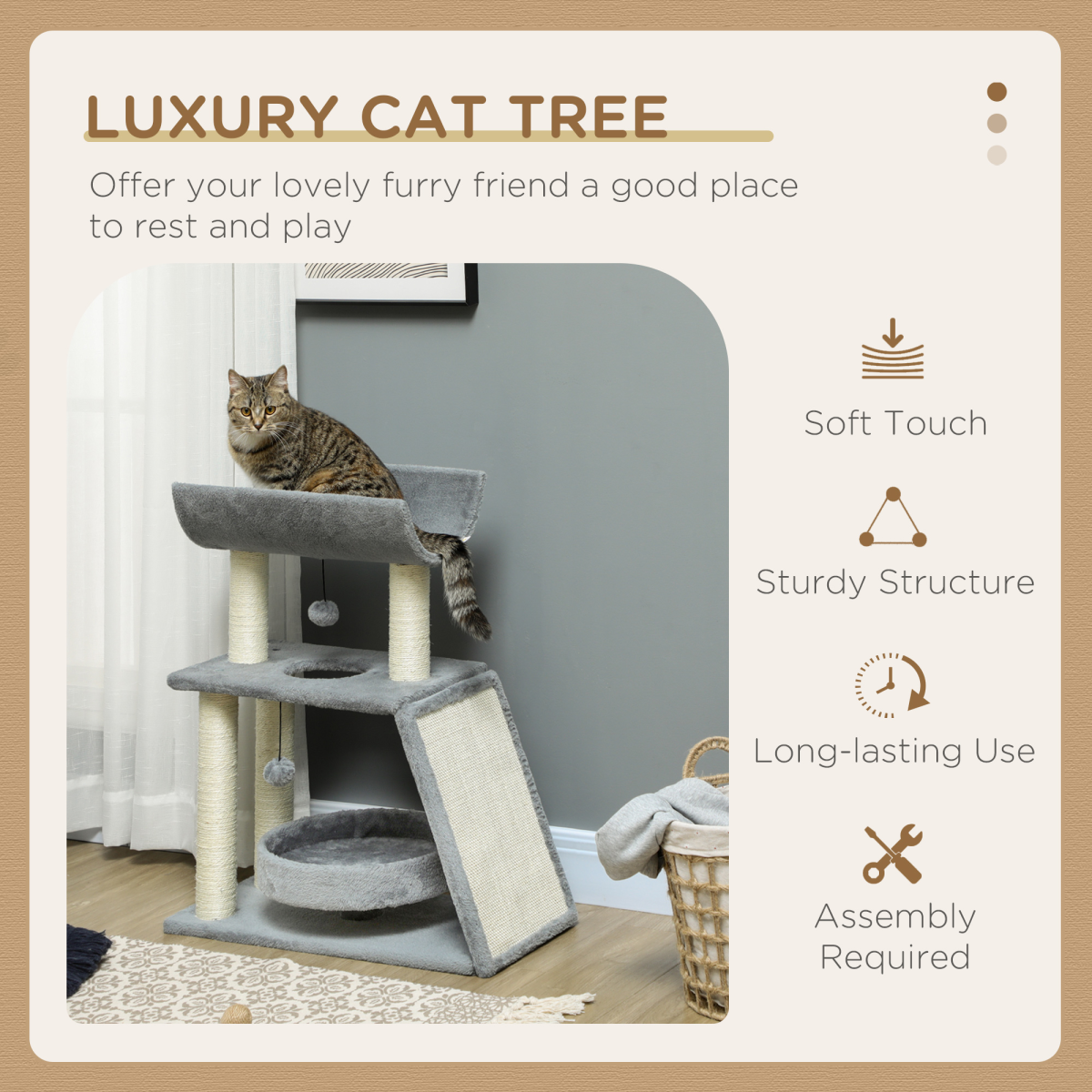 PawHut Light Grey Indoor Cat Tree Tower with Scratching Posts & Toy Ball