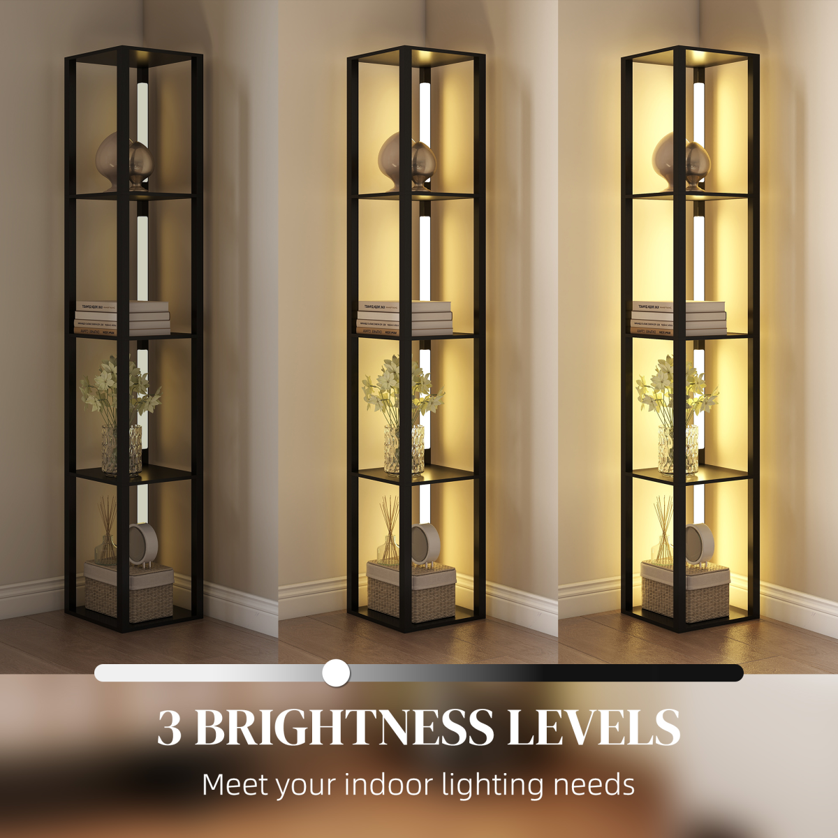 HOMCOM Black Floor Lamp with 4-Tier Shelf, Foot Switch, 3 Brightness Levels