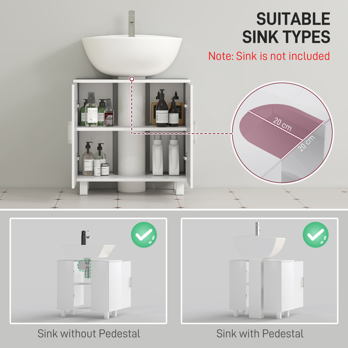 HOMCOM Freestanding High Gloss White Under Sink Cabinet for Pedestal Sinks