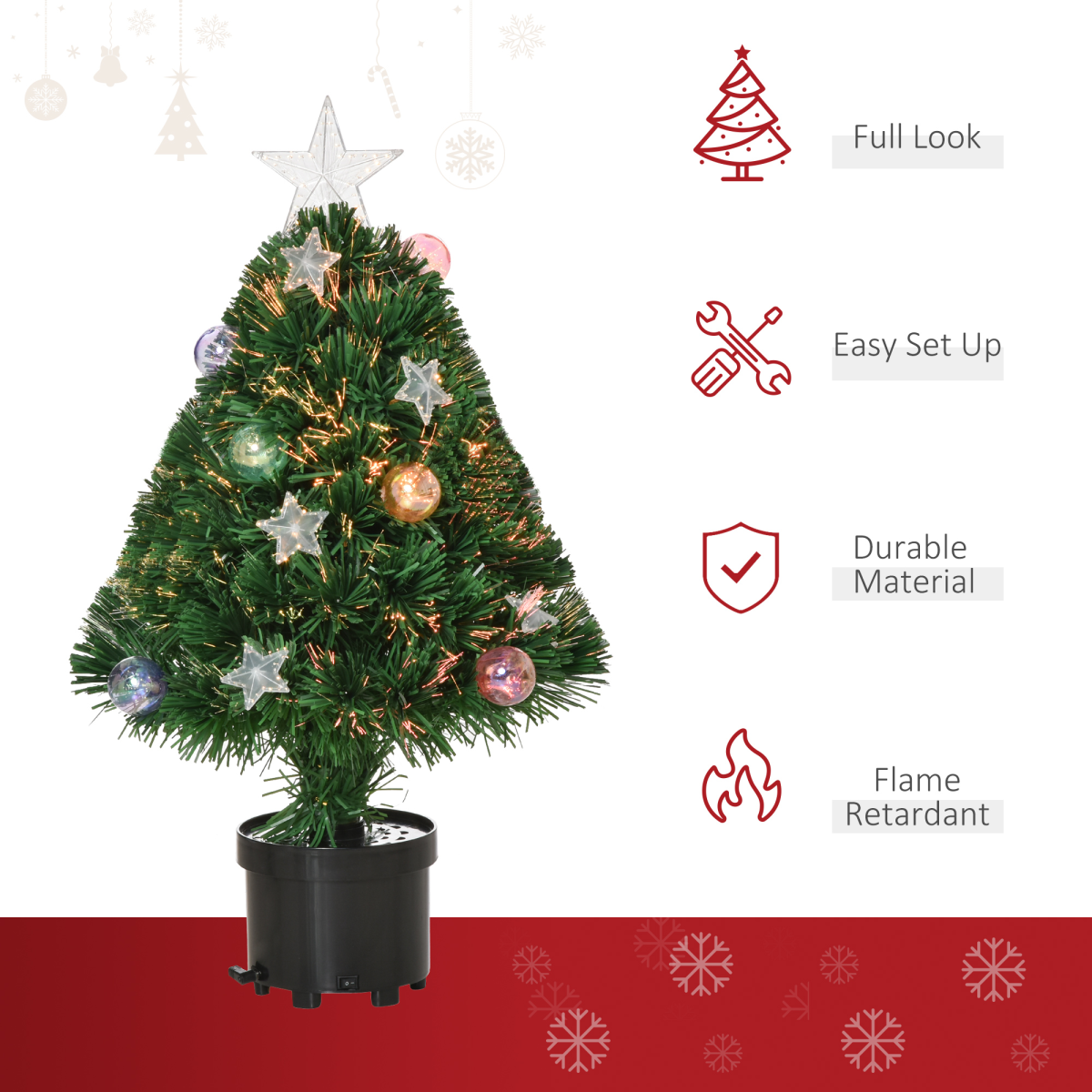 HOMCOM 2FT Pre-Lit Artificial Christmas Tree Tabletop with 60 Warm White LED Lights, Multicolor Fiber Optics, Black Pot, Green