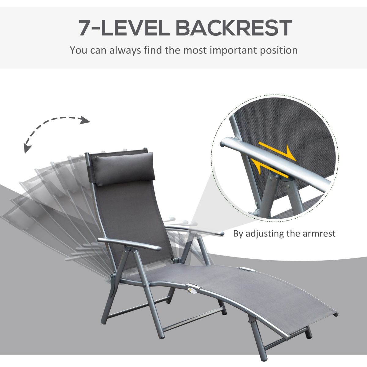 Outsunny Foldable Sun Lounger Recliner with Pillow, 5-Level Adjustable Backrest, Textilene, Grey