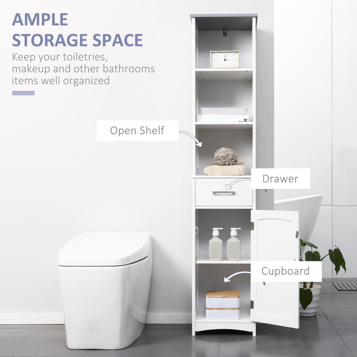 kleankin Tall Slim Freestanding Bathroom Storage Cabinet with 3 Shelves, Drawer and Cupboard, White