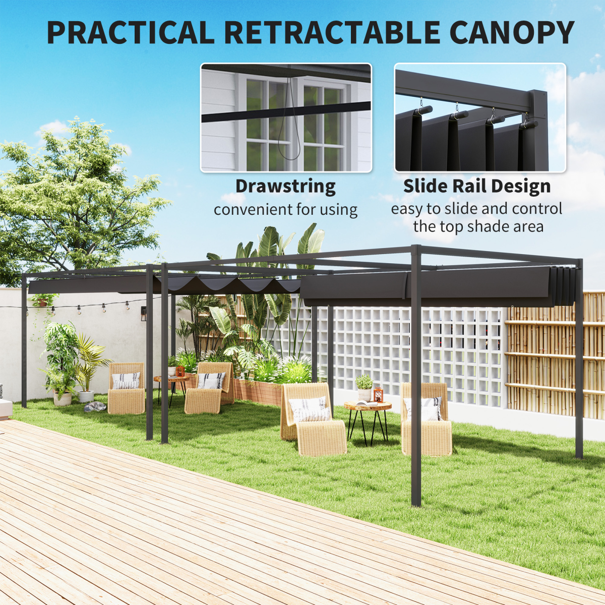 Outsunny 4 x 3 m Metal Pergola Gazebo with Retractable Canopy, Black