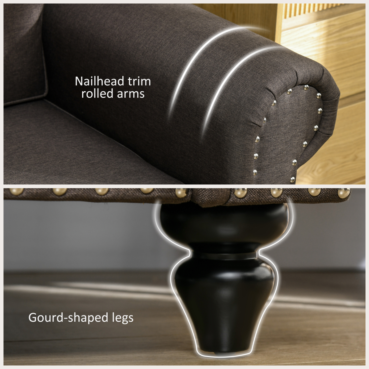 HOMCOM Mid-Century 2 Seater Sofa with Nailhead Trim, Dark Brown