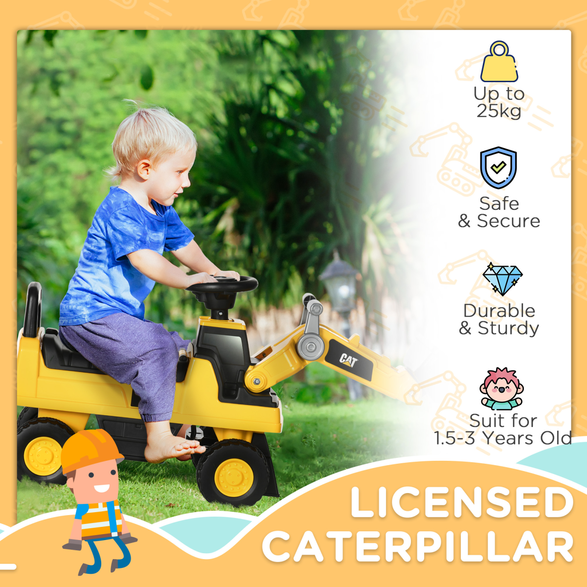 HOMCOM CAT Licensed Kids Ride-On Tractor with Manual Shovel, 1-3 Years