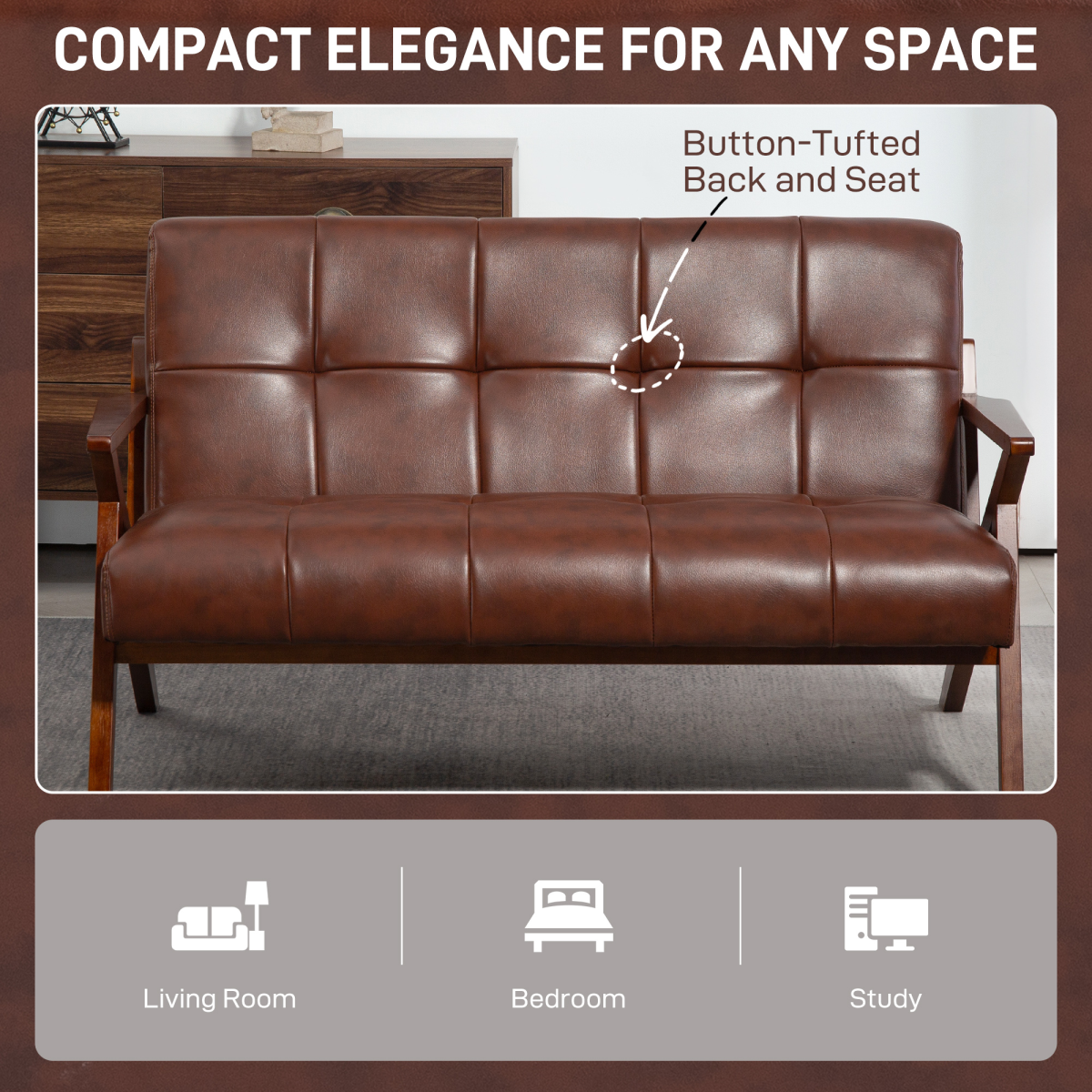 HOMCOM Compact Vintage Brown 2 Seater Sofa with Solid Wood Frame