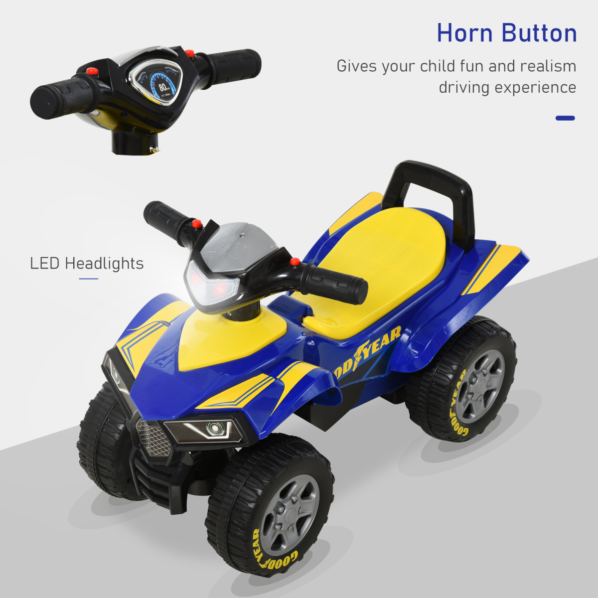 Goodyear Licensed Baby Quad Ride-On Walker with Lights, Horn and Storage, 18-36 Months