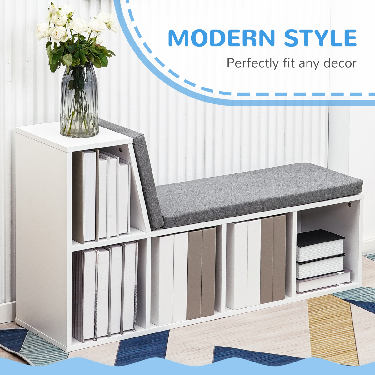 2-Tier Modern White Bookcase with Removable Cushions