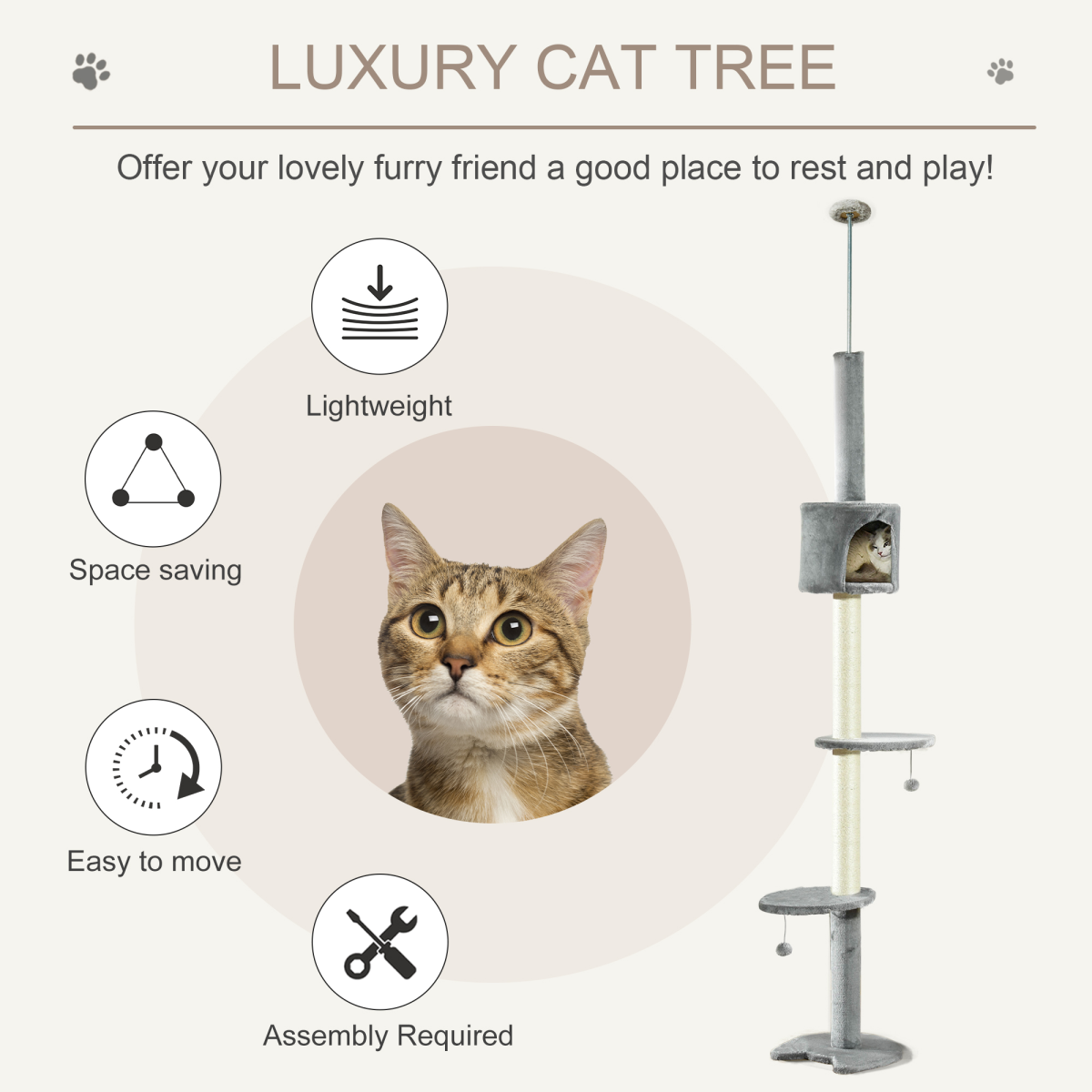PawHut Four-Layer Cat Tree with Plush Cat Box, Scratching Post and Toy Balls, Light Grey