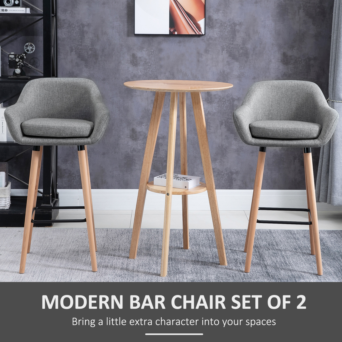 2-Piece Upholstered Linen Bar Stools with Solid Wood Legs, Grey