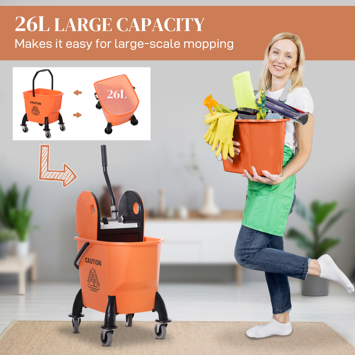 HOMCOM 26L Mop Bucket on Wheels with Handle & Mop Holder, Orange