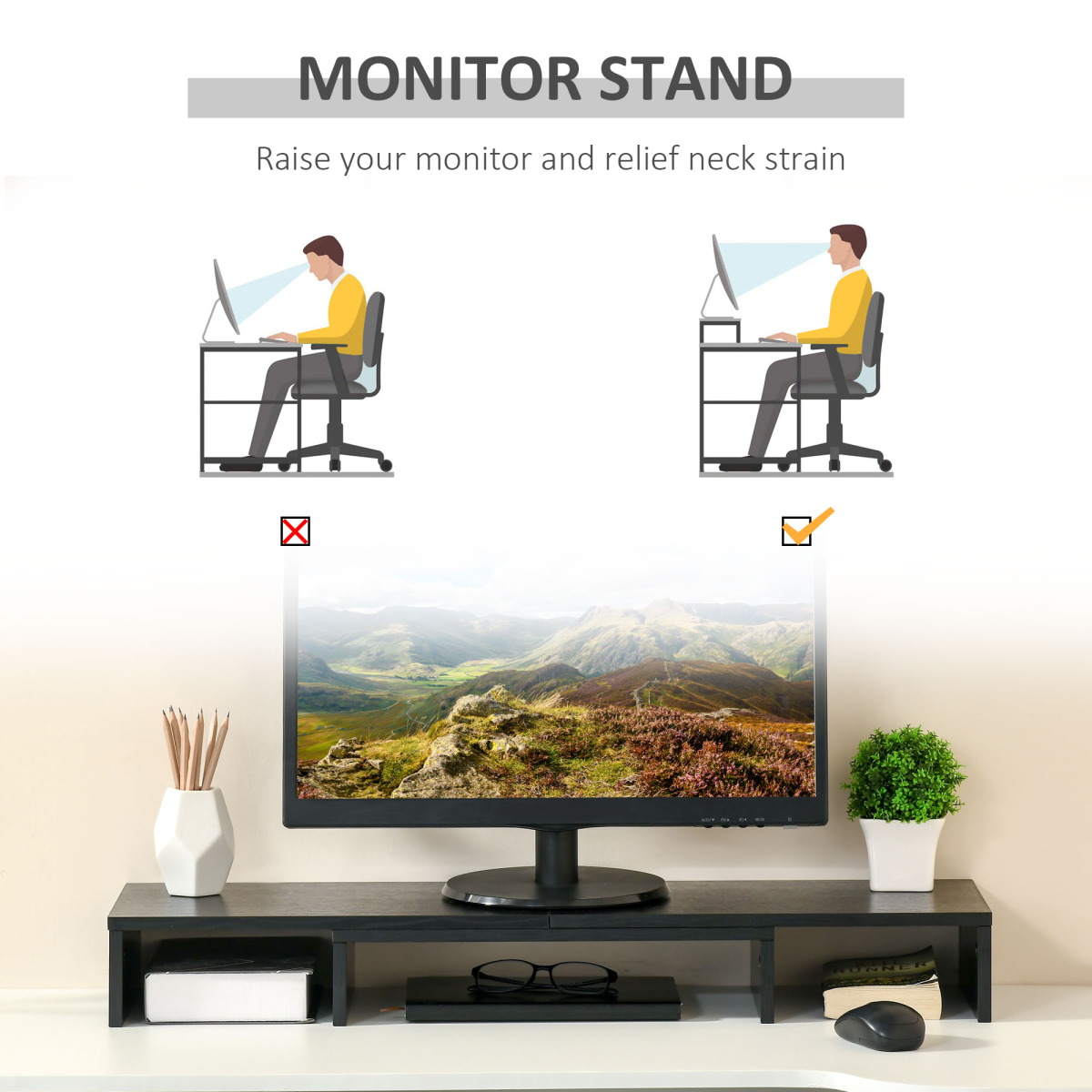 Adjustable Monitor Stand Riser with Extendable Length and Three-Part Storage, 80-117cm, MDF