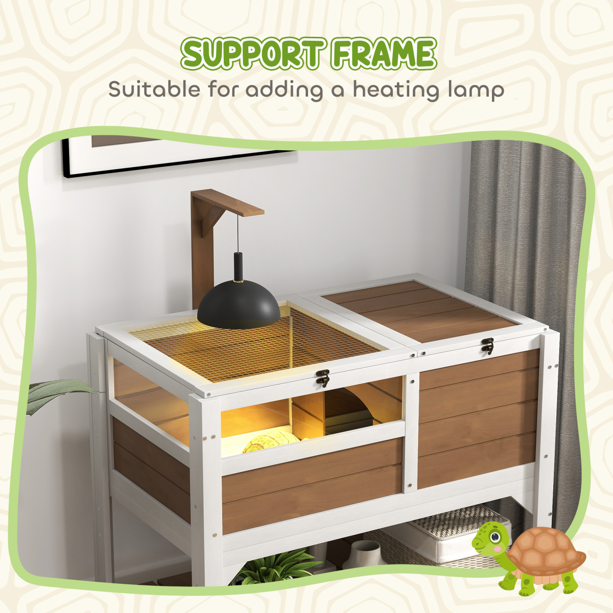 PawHut Wooden Tortoise House with Run, Hide Box, Basking Area, Shelf and Lamp Holder - Brown