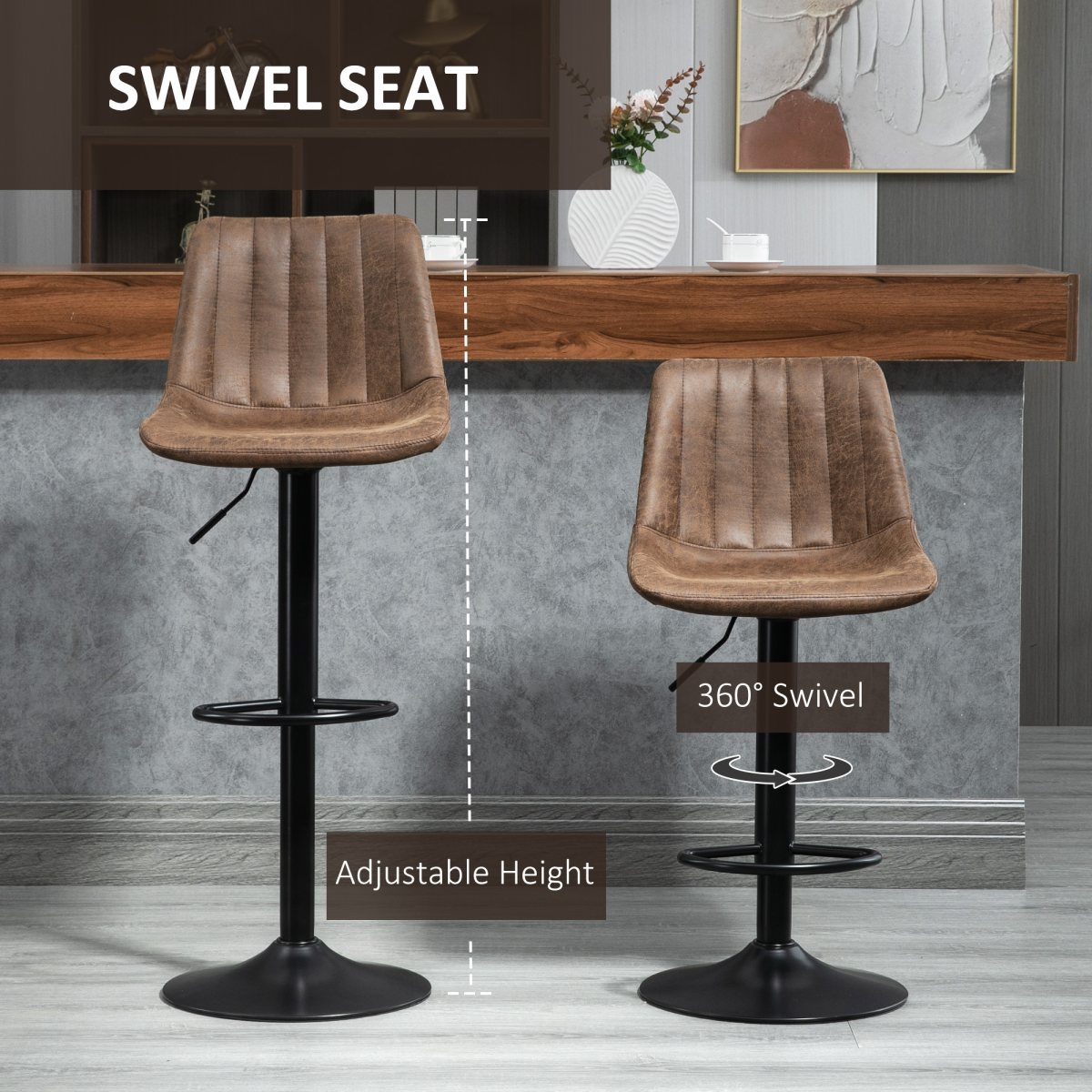 Set of 2 Retro Microfibre Tub Bar Stools with Adjustable Height, Metal Frame and Footrest, Brown