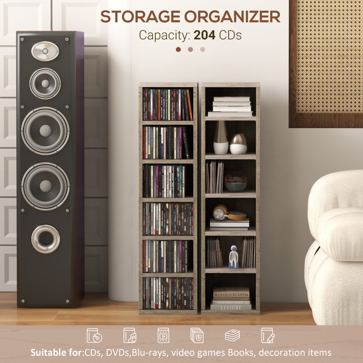 HOMCOM Set of 2 Adjustable CD Media Display Shelf Towers, Mocha Wood