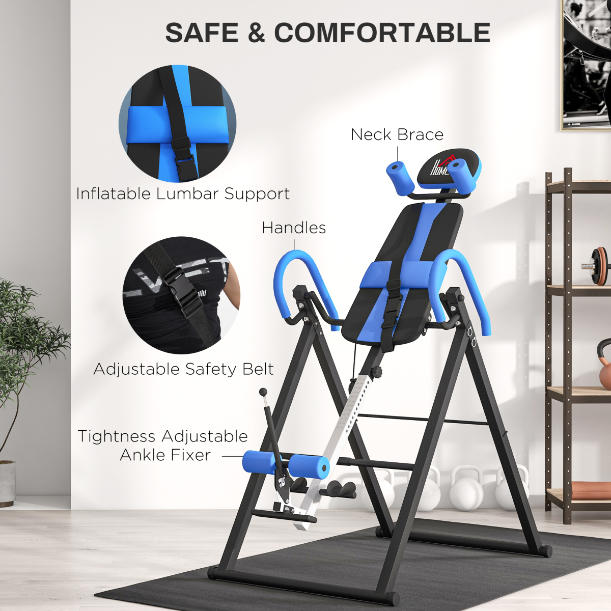 HOMCOM Foldable Adjustable Gravity Inversion Table with Safety Belt, Blue