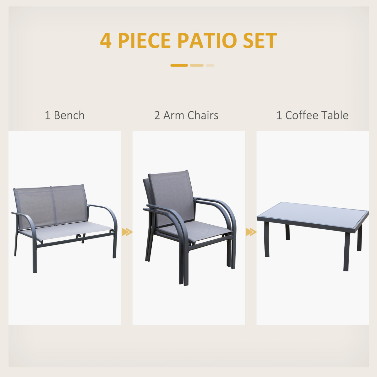 Outsunny 4 Piece Outdoor Dining Set with Loveseat, 2 Chairs and Tempered Glass Table, Grey
