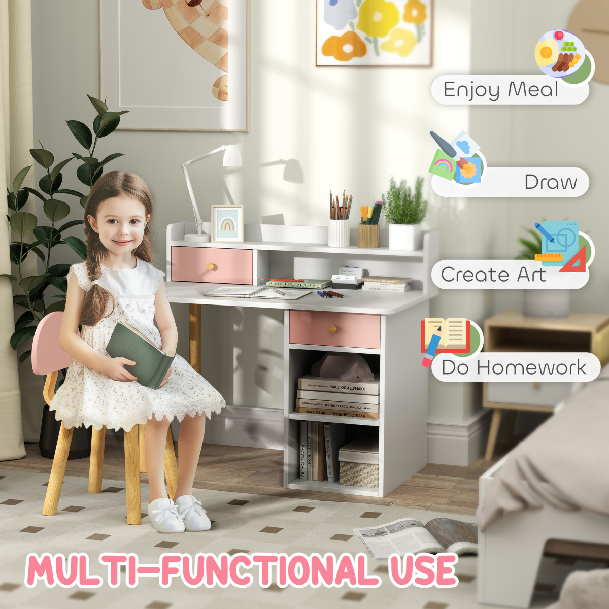 AIYAPLAY Kids Desk and Chair Set with Storage for Ages 3-8, Pink