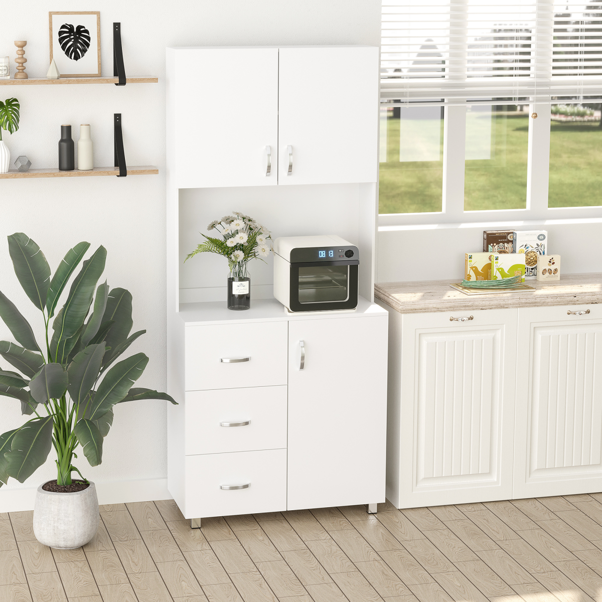 White Kitchen Storage Cabinet with 3 Drawers, 2 Cupboards and Open Shelf, Wooden Cupboard Organizer Furniture