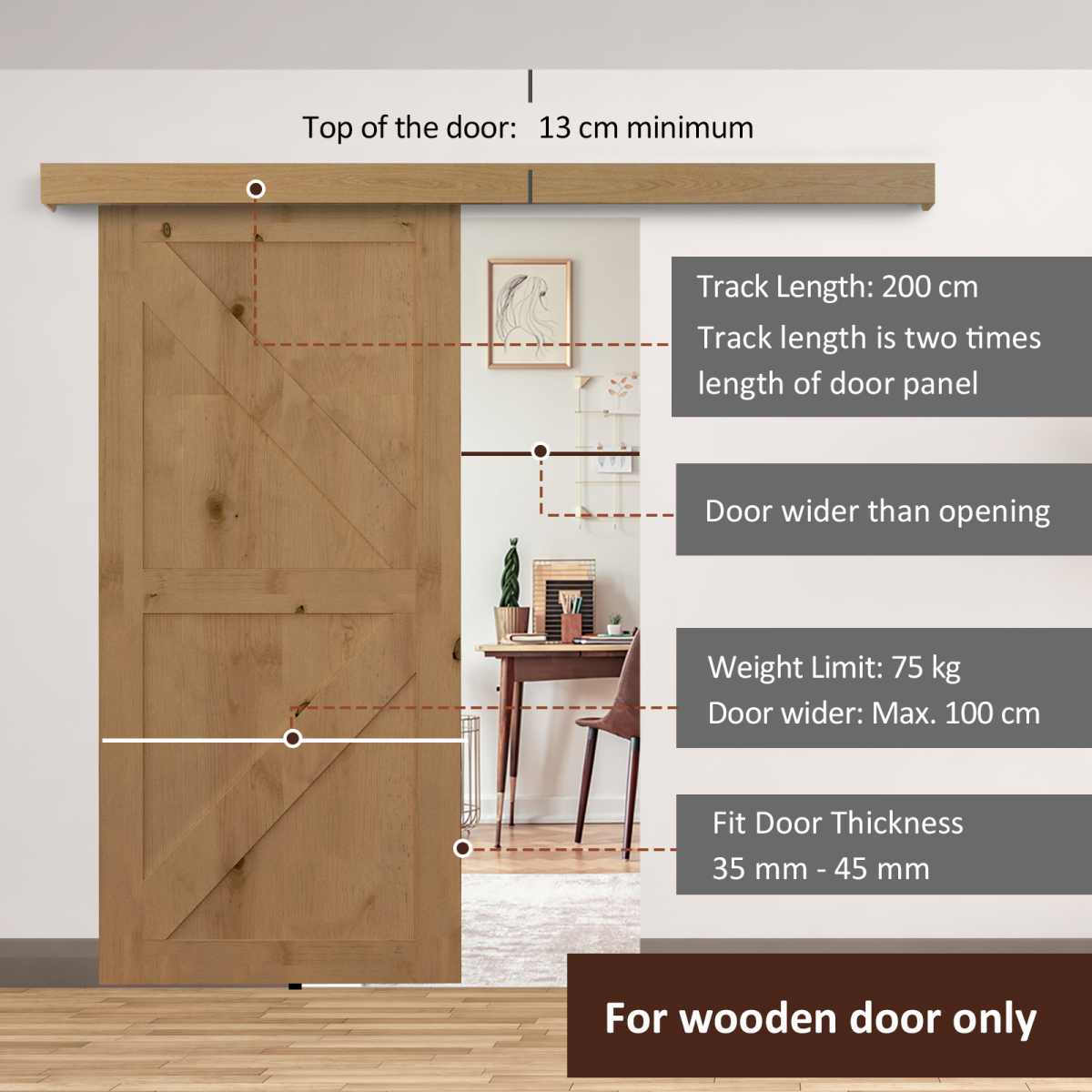 HOMCOM Rustic 6.5 ft Classic Sliding Door Kit Set 2000mm for Single Wooden Door, 35-45mm Thickness, Door Not Included