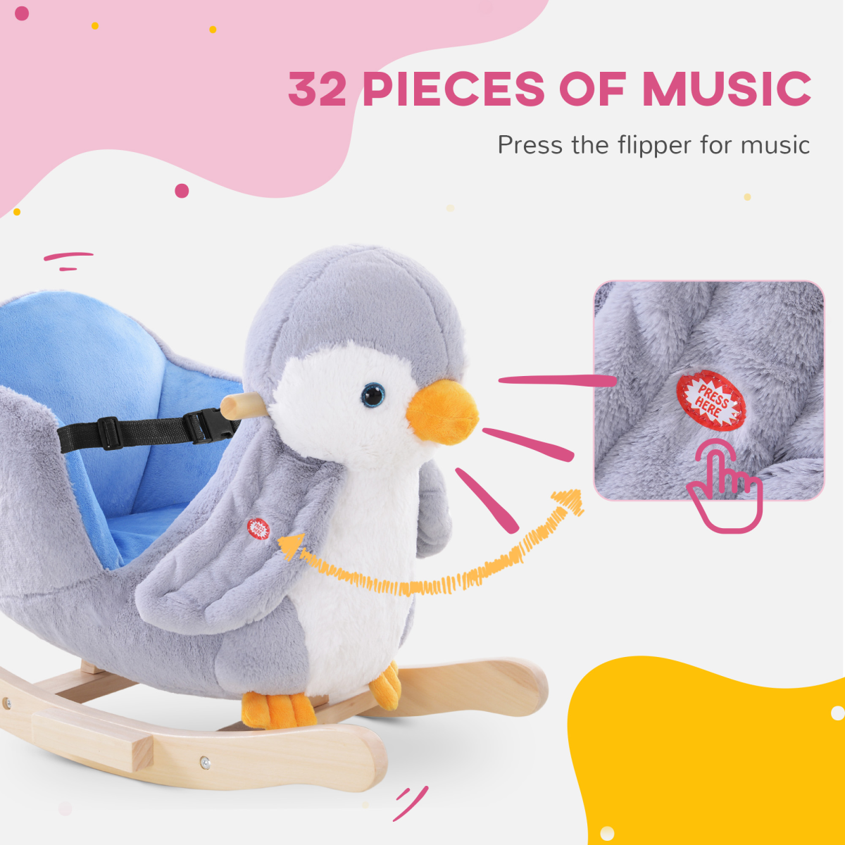 HOMCOM Penguin Plush Musical Rocking Horse, 32 Songs, Wood