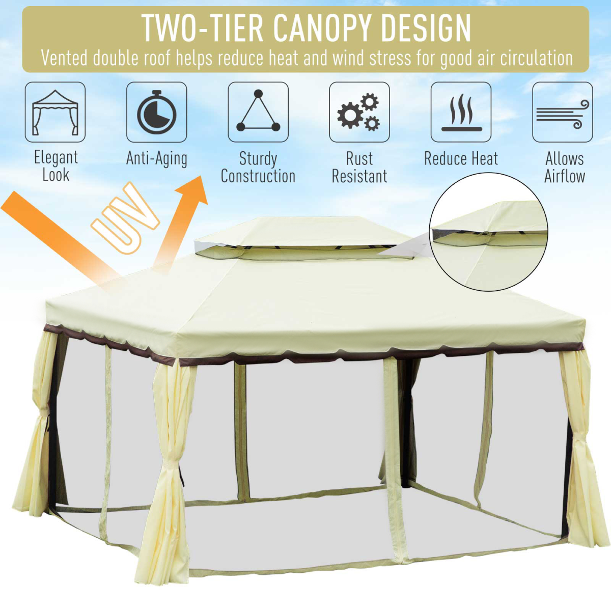Outsunny 2.9 x 3.9m Vented Roof Aluminium Frame Garden Gazebo with Mesh Side Walls, Cream White