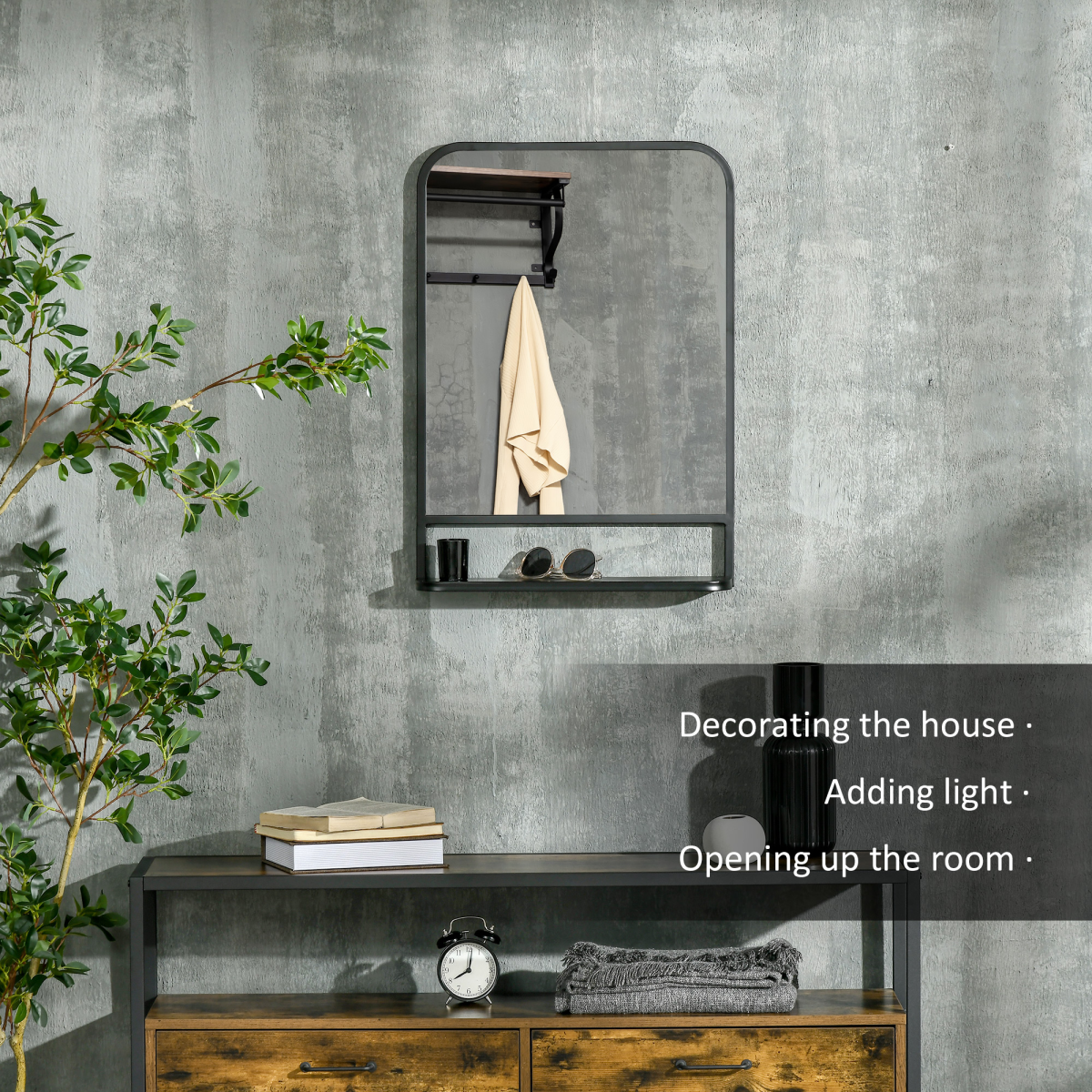 Square Wall Mirror with Shelf, 70x50 cm, Black Metal Frame