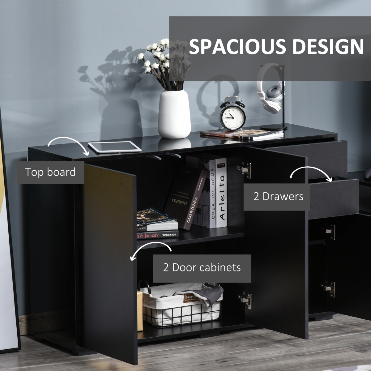 Side Cabinet with 2 Doors and 2 Drawers, Push Open Freestanding Storage Cabinet for Home Office