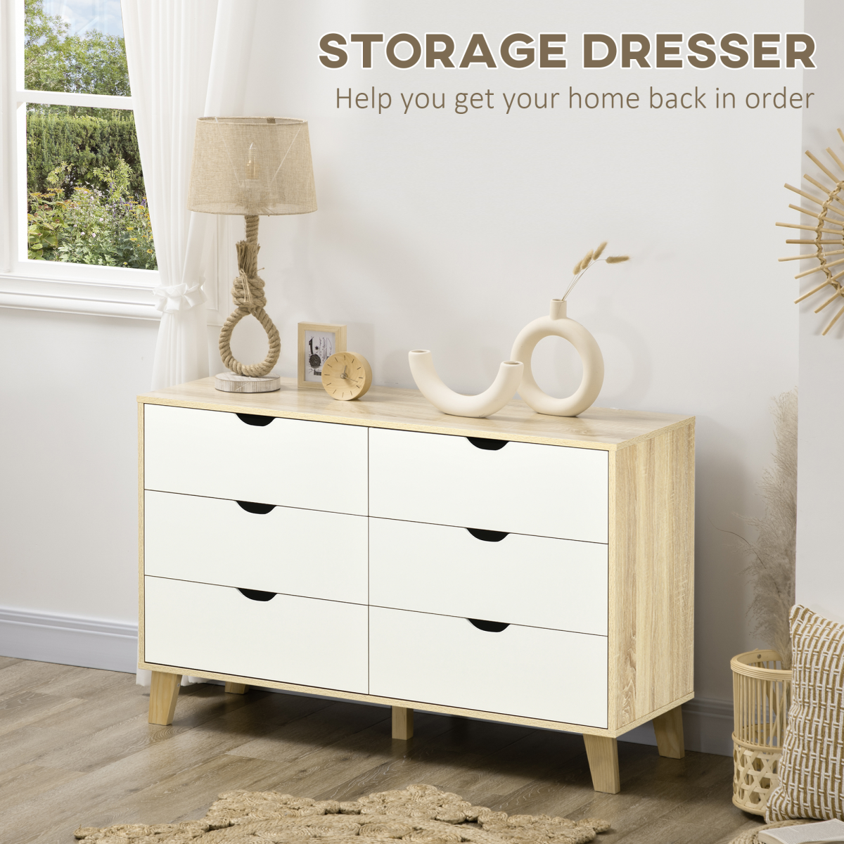 6-Drawer White and Brown Chest of Drawers for Bedroom Storage