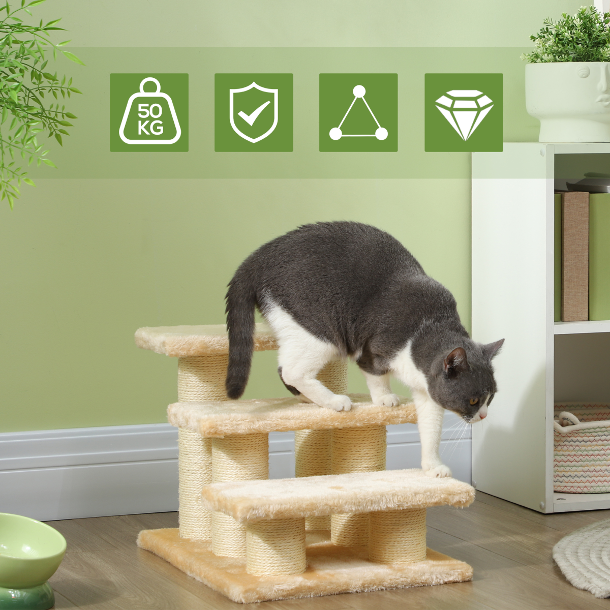 Pawhut Portable 3-Step Pet Stairs for Cats and Small Dogs, Lightweight Indoor/Outdoor Assist Steps for Couch, Bed, Car and Truck