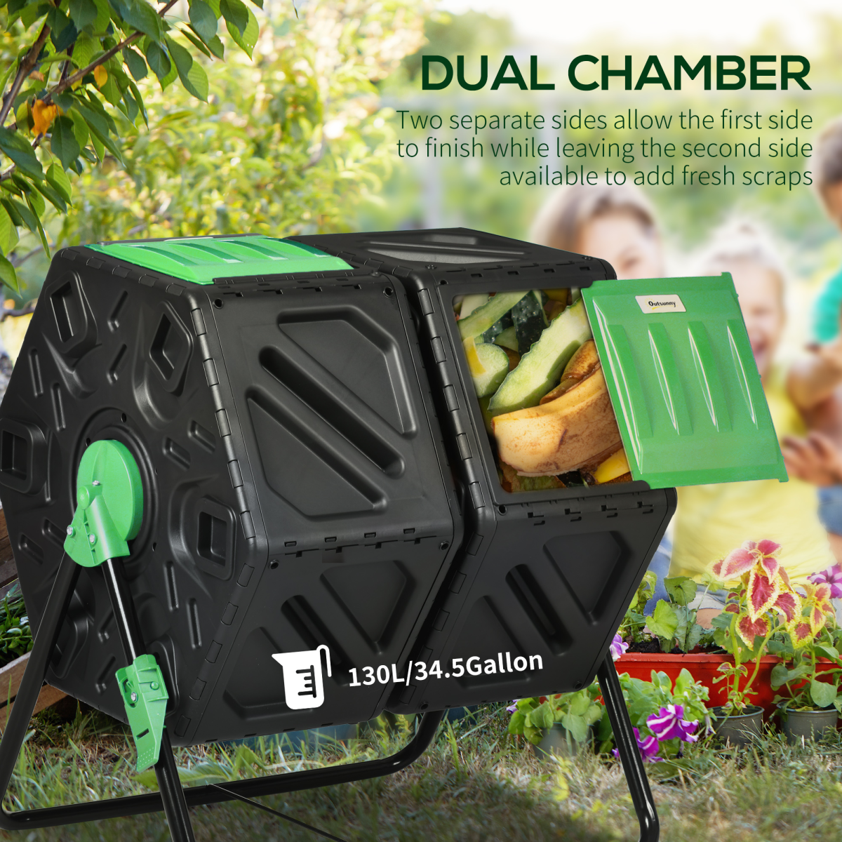 Outsunny 130L Dual-Chamber Rotating Compost Tumbler with Ventilation Holes