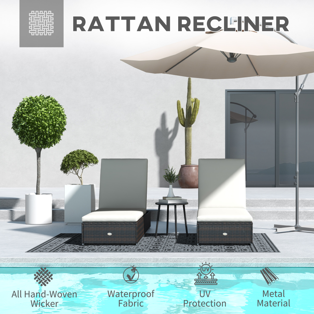 Outsunny Set of 2 Rattan Sun Loungers with Adjustable Back, Brown
