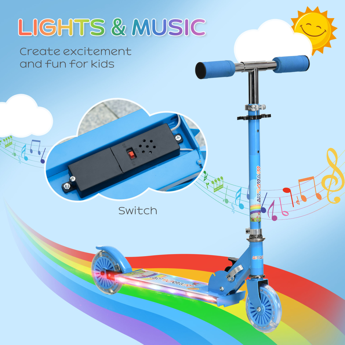 HOMCOM Kids Scooter, Ages 3-7, Lights, Music & Adjustable Height, Blue
