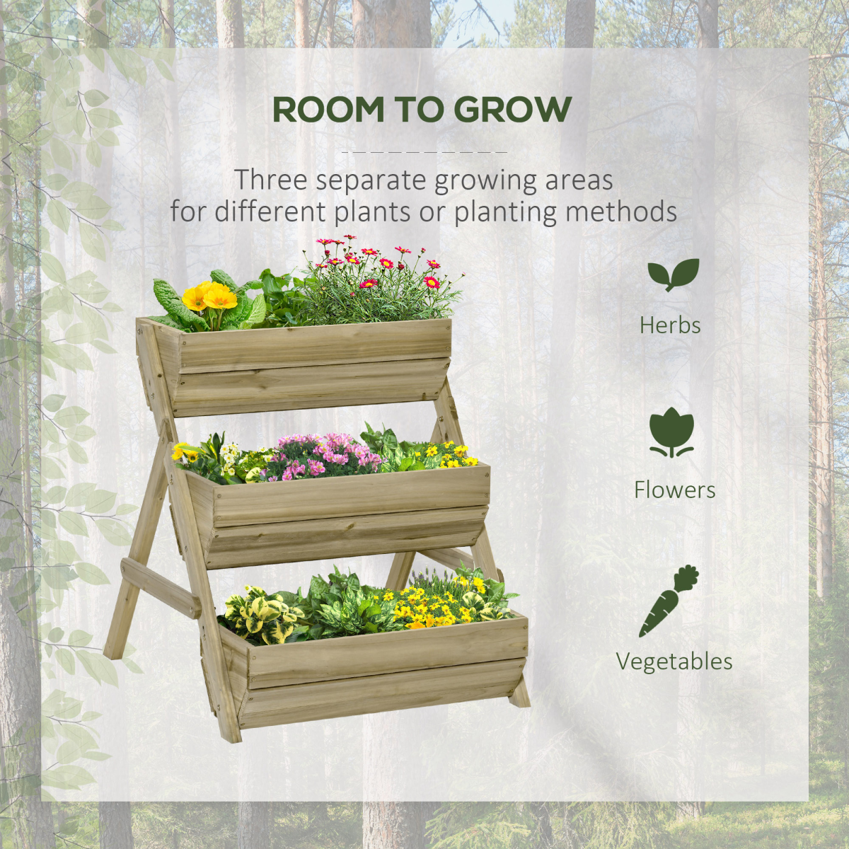 Outsunny 3 Tier Wooden Raised Garden Bed Kit for Flowers, Vegetables and Herbs, 120x68x80cm, Green