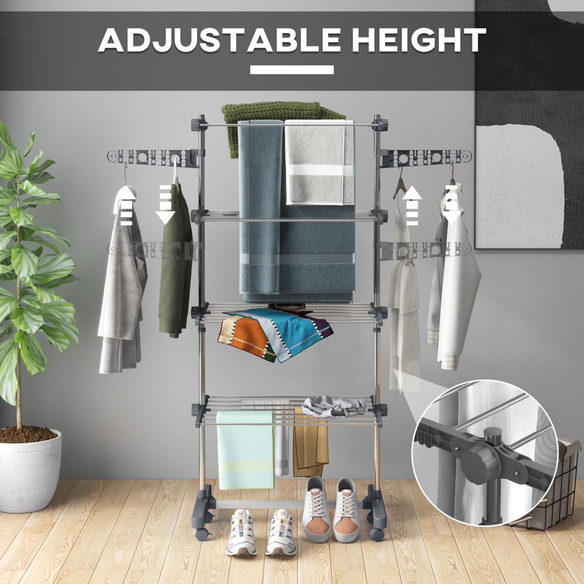 HOMCOM 4-Tier Stainless Steel Clothes Airer with Wheels, Grey