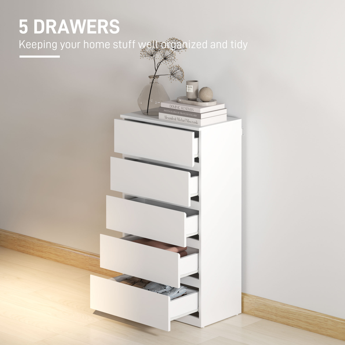 HOMCOM White 5-Drawer Bedroom Chest of Drawers, Handleless, Soft-Close