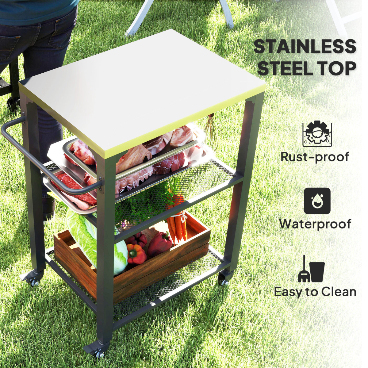 Outsunny Stainless Steel Outdoor Grill Cart with 3 Shelves