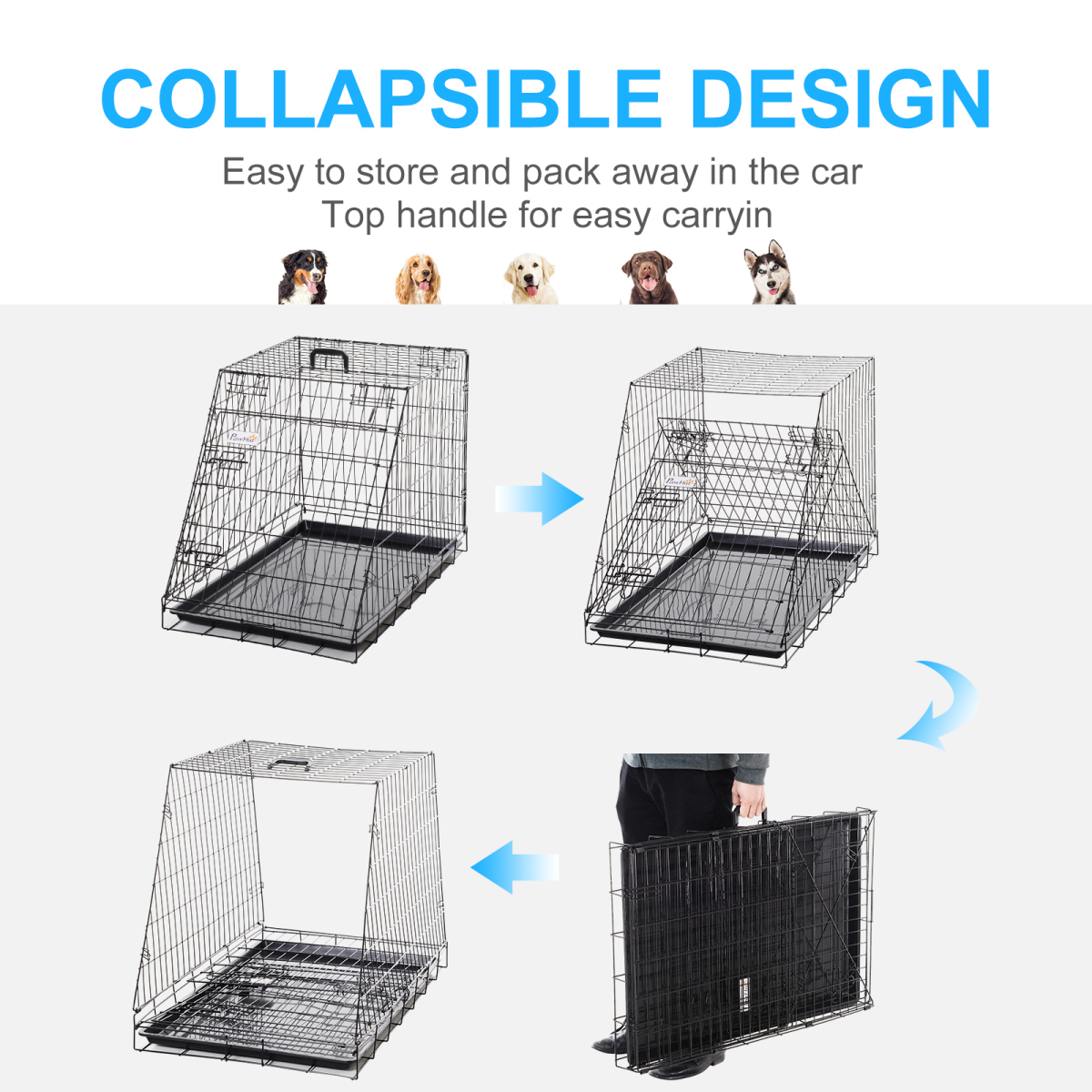 PawHut Collapsible Dog Cage with Removable Tray, Black