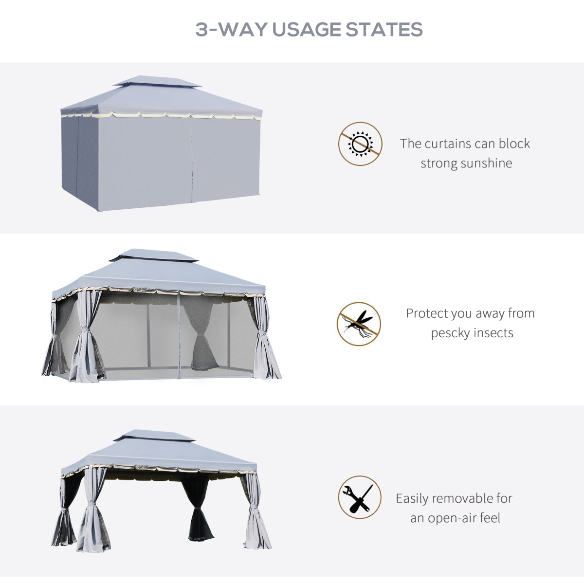 Outsunny 3 x 4m Aluminium Gazebo with 2-Tier Roof, Garden Nets and Sidewalls, Grey
