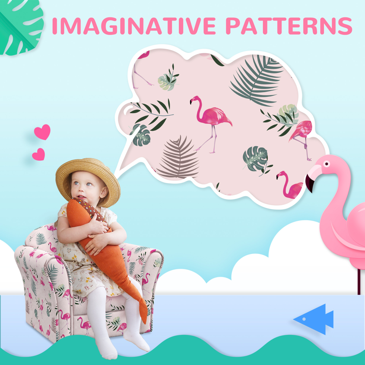 AIYAPLAY Flamingo Kids Sofa Chair, Pink, Soft Toddler Seat