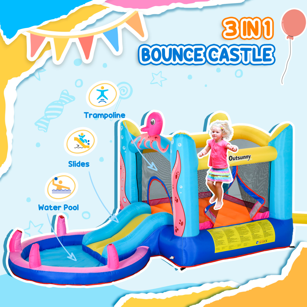 Outsunny Inflatable Water Bounce House with Slide, Pool & Blower